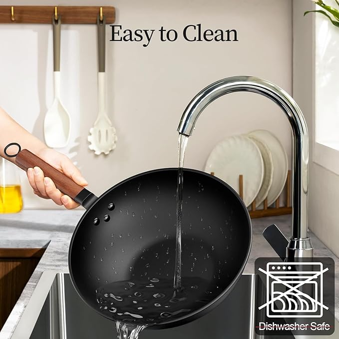 Carbon Steel Wok - Including Glass Cover and Silicone Spatula, 13-Inch Woks & Stir-Fry Pans for Induction, Electric, Gas Stoves