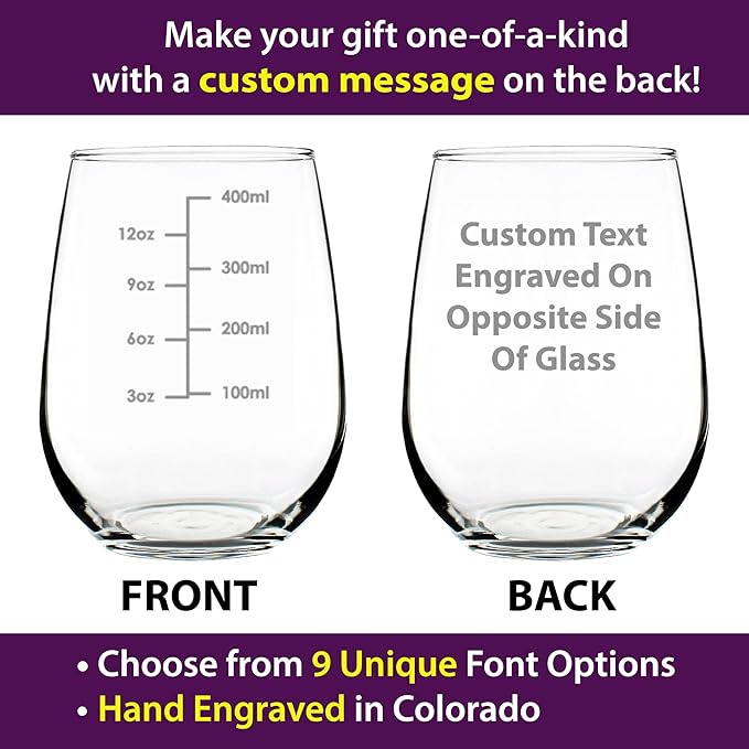 Custom Wine Measuring Cup - Personalized Stemless Wine Glass - Engraved Measurement Lines for Portion Control - Ounces and Metric - Large 17 Ounce - Customized Wine Glass Gift