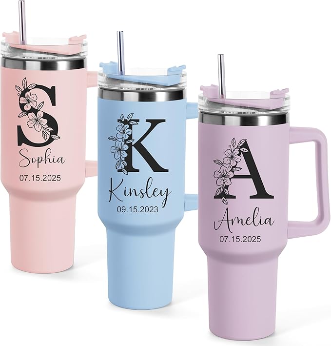 Personalized 40 oz Tumbler with Handle and Straw,Custom Bride & Bridesmaid Gift,Insulated Stainless Steel Travel Coffee Mug Customized Water Cups with Name for Wedding
