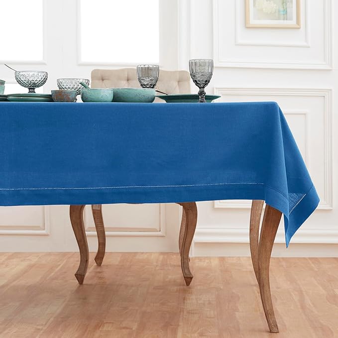 Solino Home Linen Tablecloth 60 x 108 Inch - Classic Hemstitch 100% Pure Linen Indigo Blue Table Cloth for Rectangle Tables - Machine Washable Tablecloth for Winter, Spring, Easter