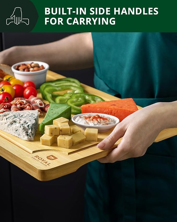 ROYAL CRAFT WOOD Premium Cutting Board Set – Non Toxic Bamboo & Wooden Cutting Boards for Kitchen Meal Prep, Durable Butcher Block for Meat with Side Handles, Deep Juice Groove, Charcuterie & Chopping