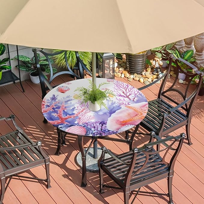 Fitted Round Tablecloth with Umbrella Hole and Zipper Coral Conch Outdoor Circle Tablecloth with Elastic 36"-44" Waterproof Oil-Proof Patio Table Cover for Picnic Camping Party