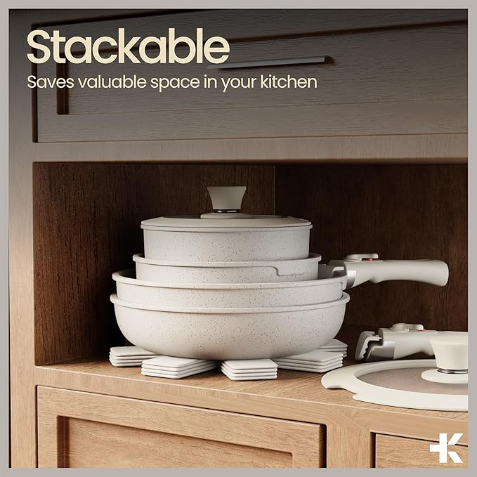 Bakken 15-Piece Non-Stick Cookware Set with Detachable Handles – Granite Stackable Pots and Pans Set, Dishwasher Safe, Oven-Safe, and Compatible Kitchen Essential for All Stoves – Cream