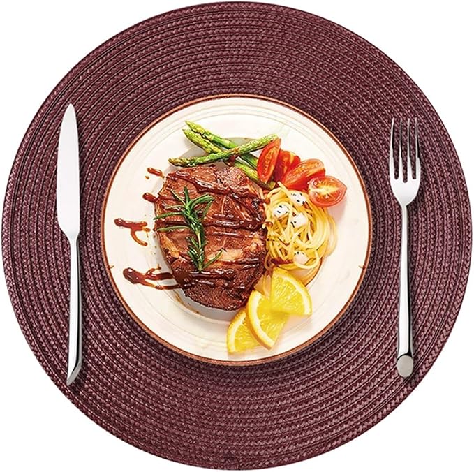 Round Table Mat Braided Woven Set of 4 Woven Placemats Heat Non-Slip for Kitchen Indoor and Outdoor 15 Inch(PPR red Purple,Round_38CM 6PCS)