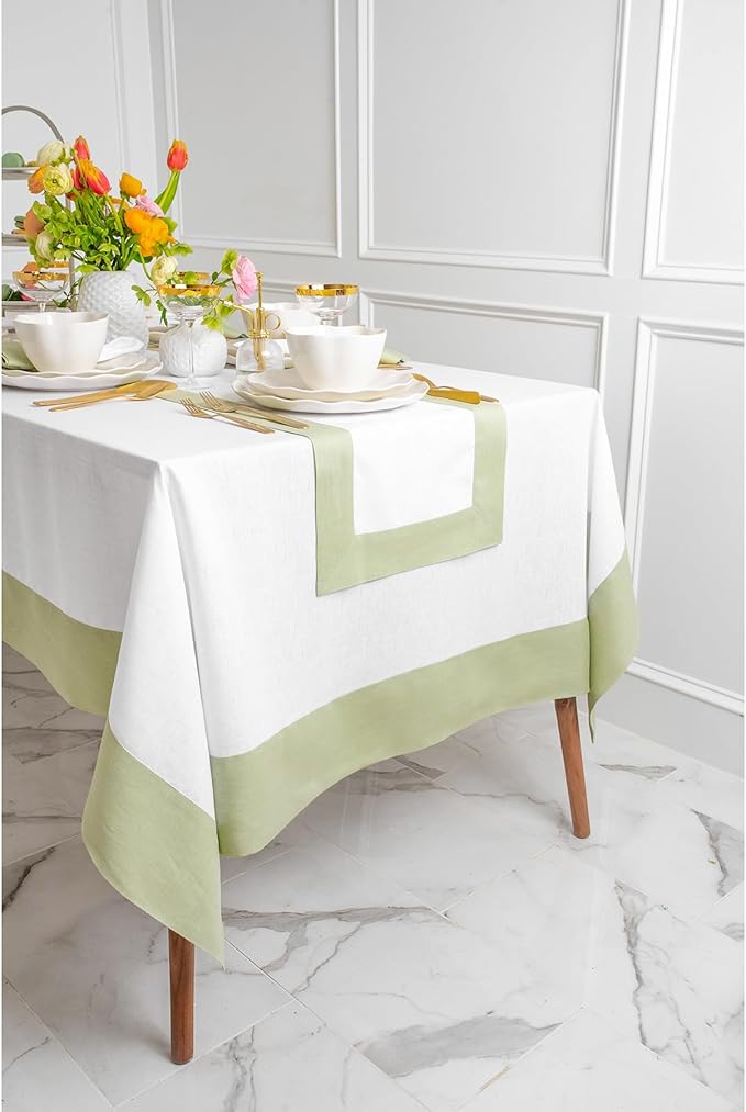 Solino Home Linen Tablecloth 60 x 156 Inch - 100% Pure Linen Sage Green and White Tablecloth for Rectangle Tables - Contempo, Machine Washable Table Cloth for Spring, St Patricks Day, Easter