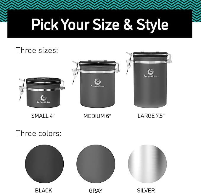 Coffee Gator Coffee Canister, 2pack 22oz Airtight Stainless Steel Kitchen Food Storage Container with Date Tracker, Scoop for Sugar, Grounds, Beans,Tea, Cereal, Flour, Cookies Jars - Gray&Silver