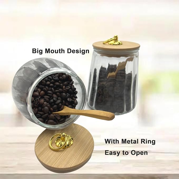 Glass Airtight Storage Jars with Spoons,Bamboo Lid Canister for Foods,Decorative Container with Metal Handle Easy to Grasp 2Pack Conical