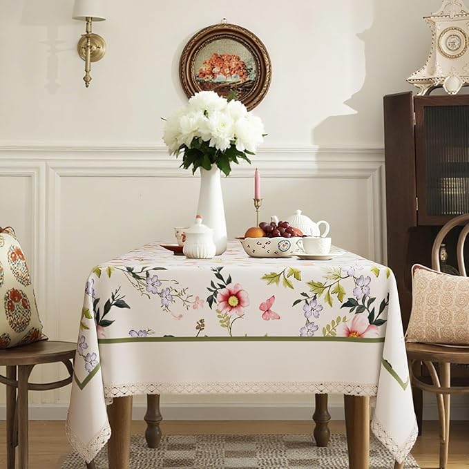 Vintage Linen Floral Rectangle Tablecloth, French Rustic Table Cloth with Flowers and Leaves Pattern, Waterproof Decor Table Cover for Dining Kitchen Party Christmas, 55''x 70''
