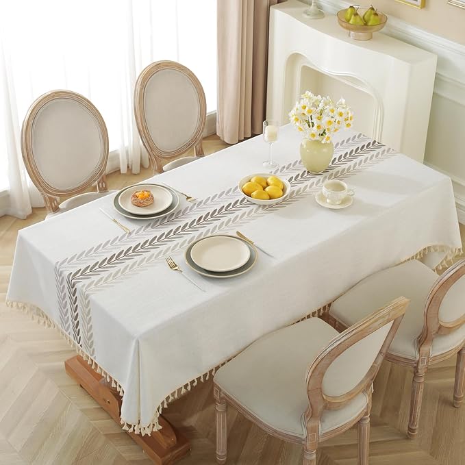 Alsoo Table Cloth Square, Cotton Linen Spring Tablecloth Waterproof, Boho Rustic Tables Cover with Tassel for Christmas Party Kitchen Dining Holiday Decorations (Beige, 55''x55'')
