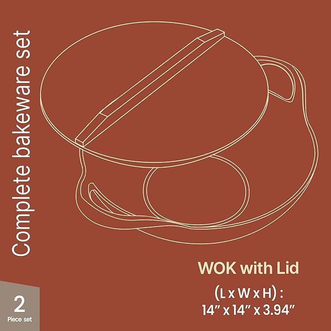 Bakken Pre-Seasoned Cast Iron Wok with Wooden Lid, 14" Stir Fry Pan for Gas, Electric, Induction & Open Fir, Heavy-Duty Flat Bottom Wok with Dual Handles for Even Heating & High-Heat Cooking, 8.8 lbs