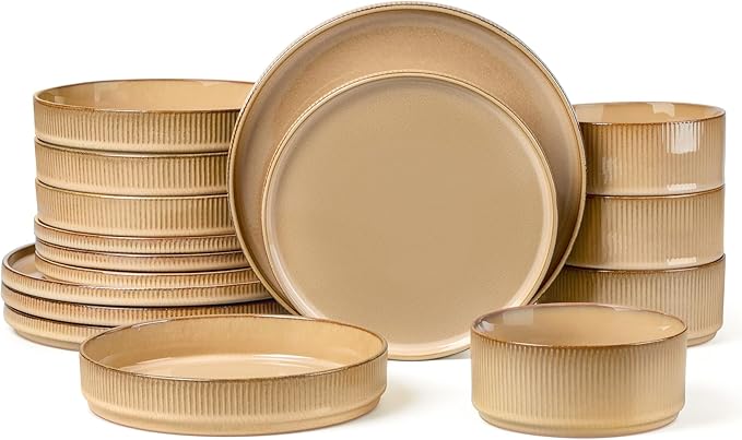 LIANYU 16 Piece Dinnerware Sets with Double Bowls, Ceramic Plates and Bowls Set for 4, Ribbed Stoneware Dishes, Microwave and Dishwasher Safe, Dune Khaki