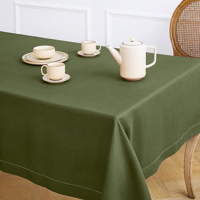 Solino Home Olive Linen Tablecloth 60 x 132 Inch - 100% Pure Linen Classic Hemstitch Table Cloth for Rectangle Tables - Machine Washable Tablecloth for Wedding, Parties, St Patricks Day