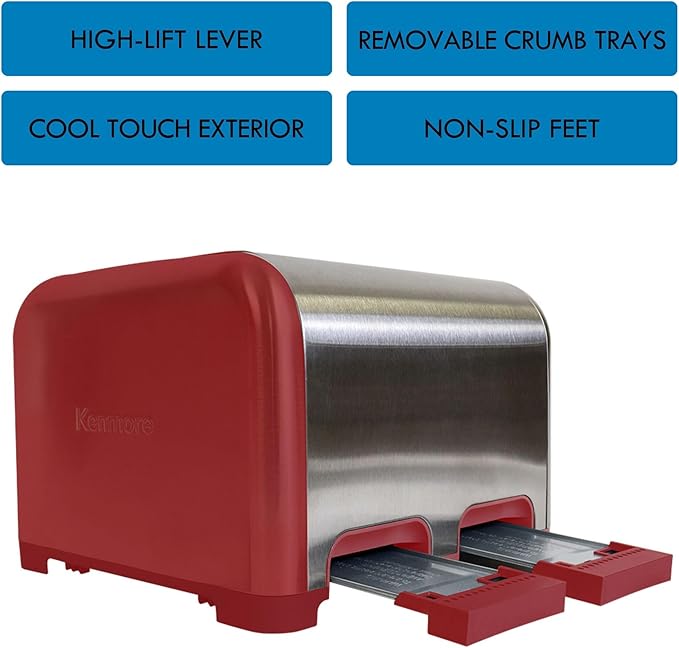 Kenmore toaster 4 slice - extra wide slot countertop kitchen appliance, defrost function, tostador de pan, 9 shade settings, compact design, easy clean crumb tray, bread bagel, stainless steel & Red
