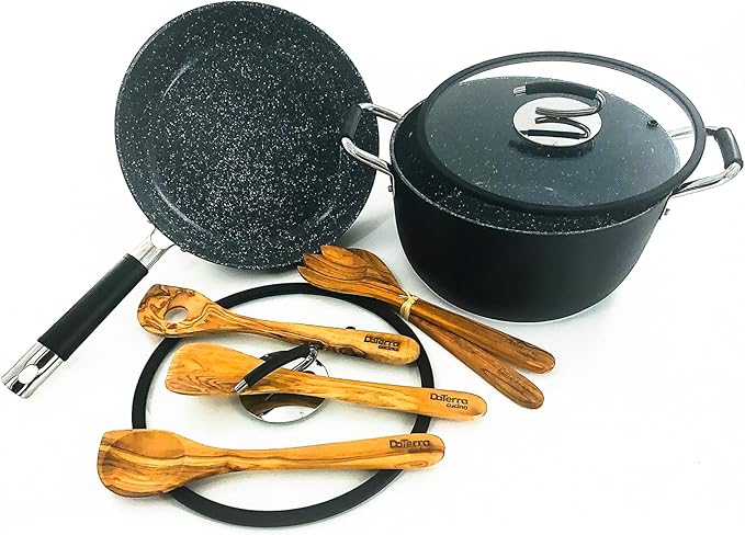 DaTerra Cucina - 8 Qt, 11” Nonstick Pasta Bundle – Dutch Oven with Lid, Frying Pan with Lid, and Olive Wood Cooking Utensils | Made in Italy