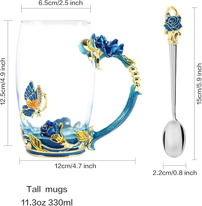 330ML Enamel Tea Cup Glass Coffee Mug Handmade Rose Flower Tea Mug for Father's Day,Mother's Day,Valentine’s Day, Birthday, Christmas Gift with Stainless Steel Spoon Set
