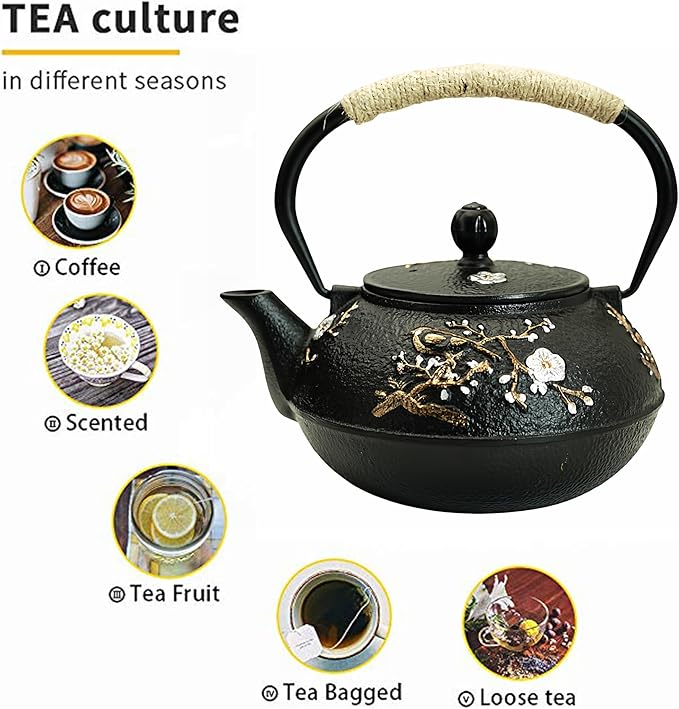 YJX 27oz Small Cast Iron Teapot for Stovetop, Japanese Tetsubin with Enamel, Beautiful Decorative Tea Pot, Durable Tea Kettle with Stainless Steel Infuser for Loose Tea(800ML)
