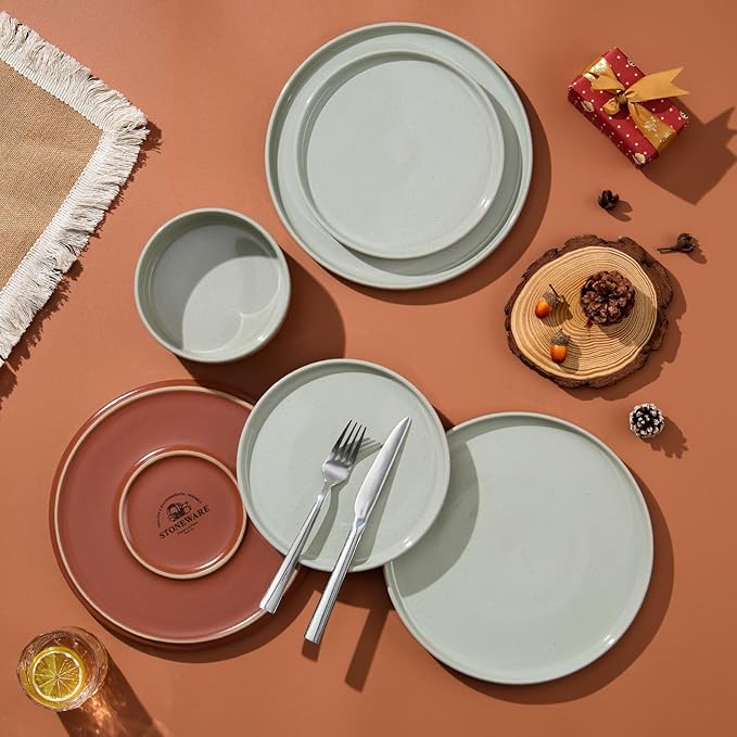 LIANYU 12 Piece Dinnerware Sets for 4, Modern Style Stoneware Dinnerware Set, Scratch Resistant, Dishwasher Safe Bowl and Plate Sets, Ceramic Dish Dinner Set, Laurel Green