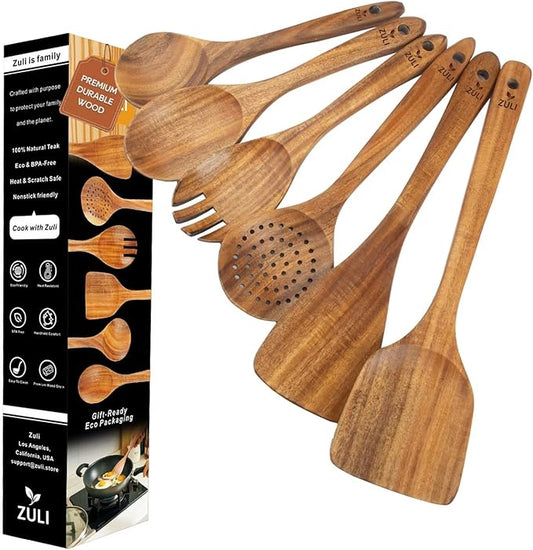 6-Piece Teak Wooden Cooking Utensil Set – Spoons and Spatulas for Nonstick Cookware, Non-Scratch Heat-Resistant Eco-Friendly Kitchen Tools