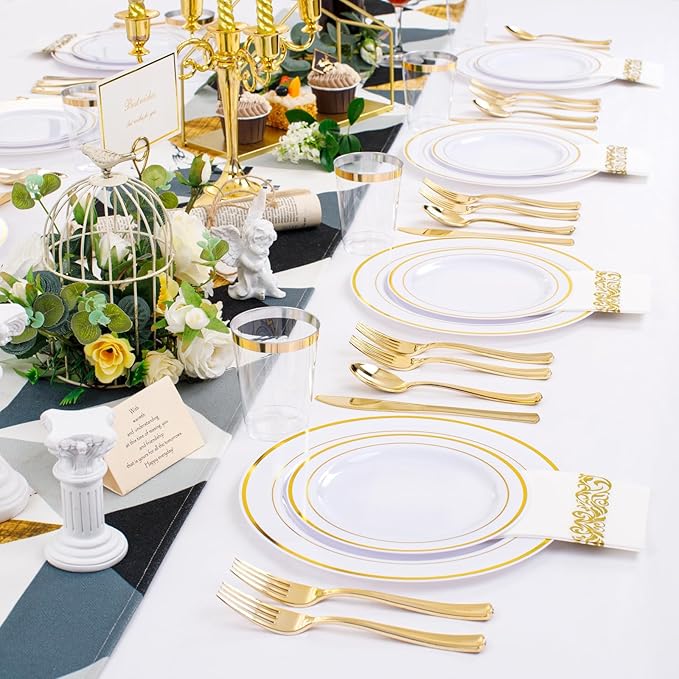 350 Pieces White and Gold Plastic Plates - 50 Guest Dinnerware Set Include 100 Plates, 50 Gold Plastic Silverware, 50 Paper Napkins and 50 Cups for Party Wedding Valentine's Day