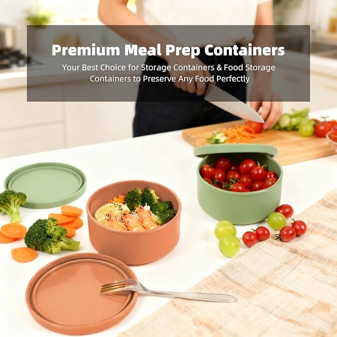 24oz Silicone Food Storage Containers,Round Bowls with Lids - Meal Prep Containers for Kitchen Serving, Salad & Lunch - Airtight, Microwave/Fridge/Dishwasher Safe, BPA-Free (Ocean blue, 3PACK)