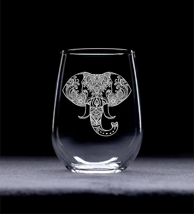 C M Elephant Stemless Wine Glass, 17 oz - Elephant Themed Gift for Men and Women - 1 Piece (Style E1)