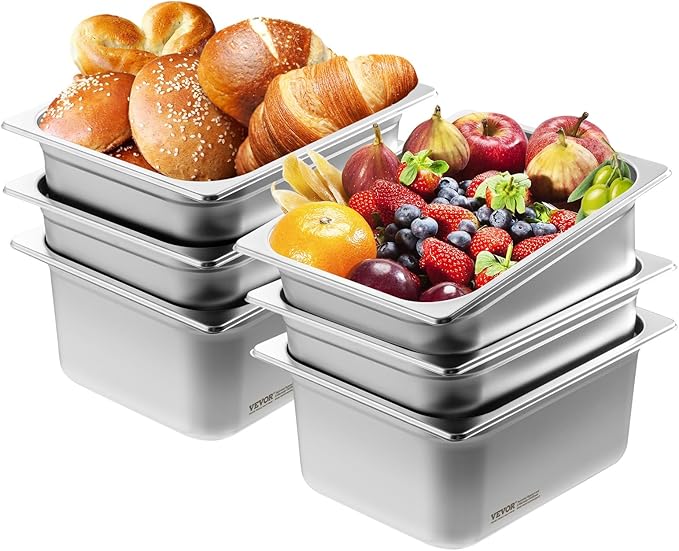 VEVOR 6 Pack Stainless Steel Hotel Pans - 1/2 Size 6-Inch Deep 0.8mm Thick Anti-Jam Commercial Food Pans for Steam Tables, Restaurants, Catering & Industrial Use