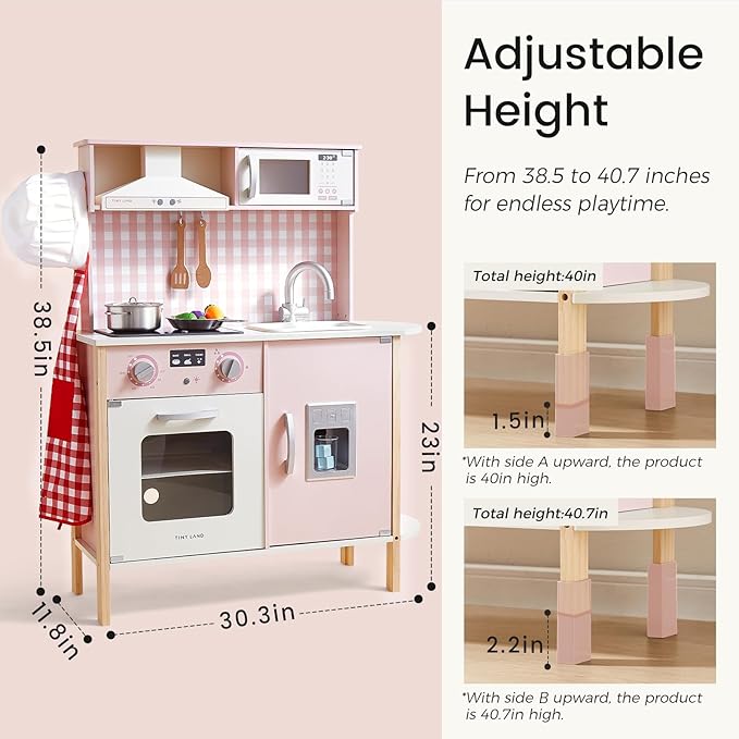 Tiny Land Kids Kitchen Playset, Height Adjustable Wooden Play Kitchen Set w/Real Lights & Sounds, 18 Pcs Toy Food & Cookware Accessories, Ideal Role Play Toy Gift for Toddlers Girls Ages 3-8, Pink