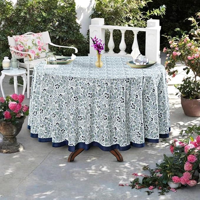Ridhi Block Print Round Denim Blue Reusable Tablecloth 100% Cotton 60" Inch Decorative Table Cover eveyday Dining, Home, Party, Wedding, Farmhouse Gift for Spring, Easter, Valentine