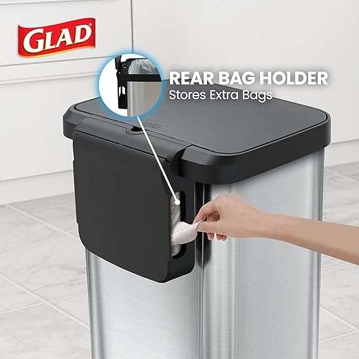 Glad GLD-74506 Stainless Steel Step Trash Can with Clorox Odor Protection | Large Metal Kitchen Garbage Bin with Soft Close Lid, Foot Pedal and Waste Bag Roll Holder, 13 Gallon, Stainless