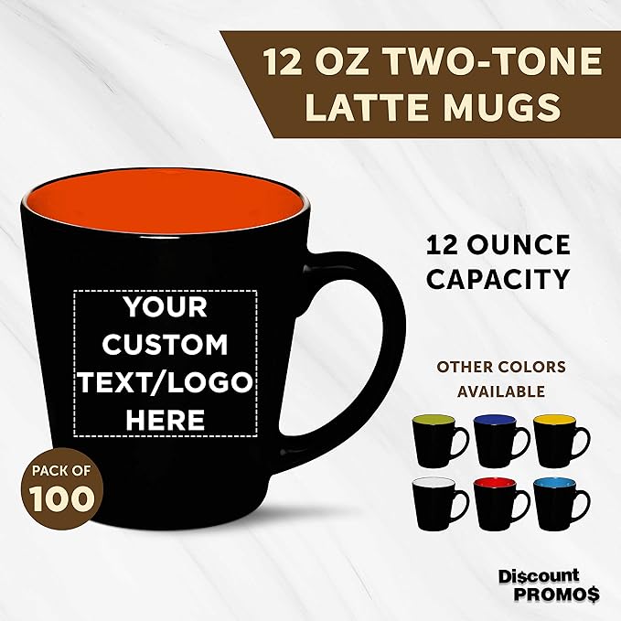 Custom Ceramic Coffee Latte Mugs 12 oz. Set of 100, Personalized Bulk Pack - Perfect for Coffee, Tea, Espresso, Hot Cocoa, Other Beverages - Orange