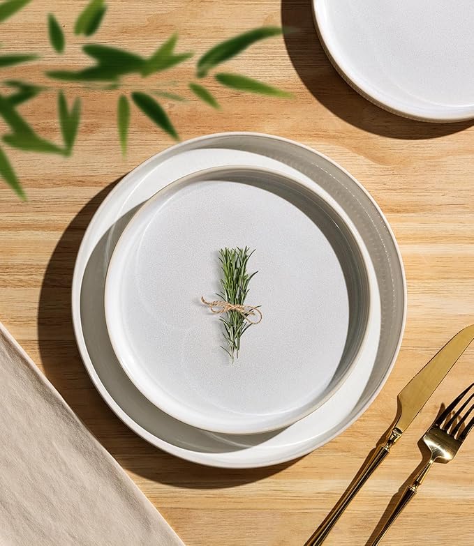 TheTerra Ceramic Dinnerware Sets for 8, 24 Pieces Porcelain Lightweight Plates and Bowls Sets, Scratch Resistant Dish Set, Oven & Microwave & Dishwasher Safe, Reactive White