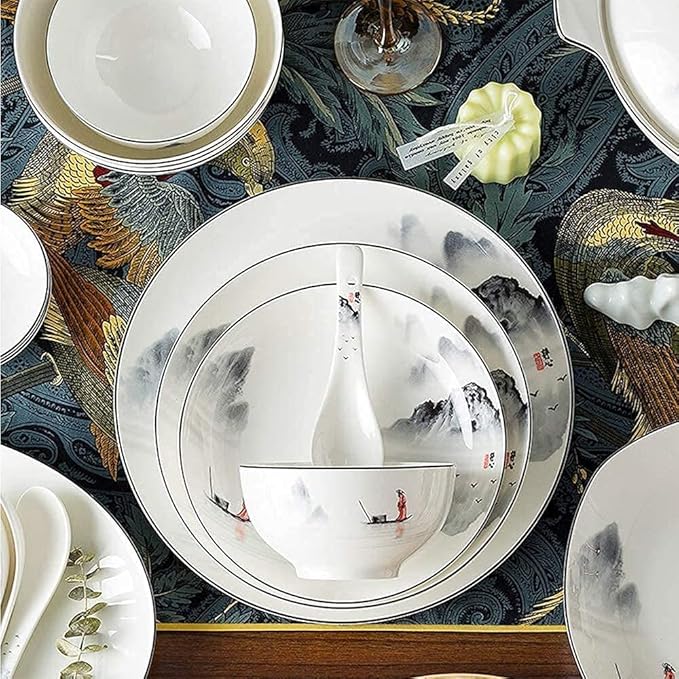 Dinnerware Set, Plates and Bowls Sets, Chinese Style Porcelain Set Dinner Dishes Set Plates/Bowls/Spoons and Soup Pot Service for 12, 60-Piece