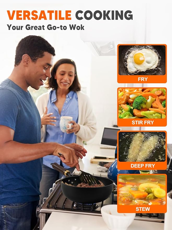 Carbon Steel Wok, 9.5" Bi-Thickness Authentic Chinese Woks & Stir-Fry Pans, Saute Pan with Lid, Deep Fry Pan Flat Bottom Small Wok for 1-2 Servings