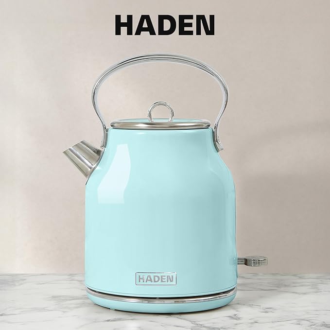 Haden Heritage 4 Slice Wide Slot Stainless Steel Toaster Bundled with 1.7 Liter Stainless Steel Electric Water Kettle, Turquoise & Chrome