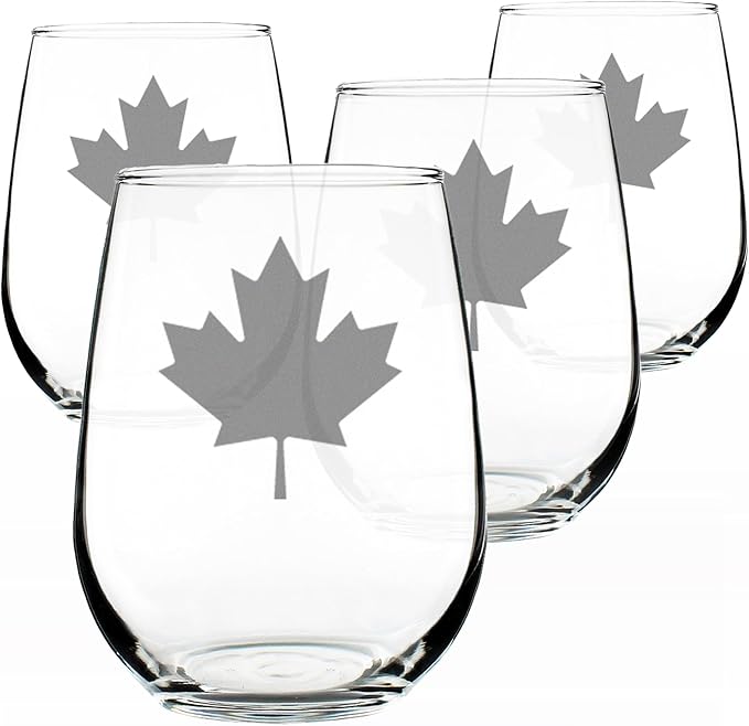 Bevvee Canada Maple Leaf Stemless Wine Glass - Canadian Flag Gifts and Decor for Women and Men - Set of 4 - Large 17 Oz Glasses