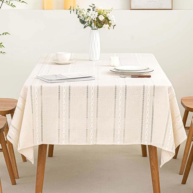 SIELUNO Rectangle Table Cloth Rustic Farmhouse Tablecloth Heavy Duty Cotton Linen Waterproof Wrinkle Free Table Cloths for Kitchen and Dining Room-Hollow Ivory-Rectangle, 54"x70", 4-6 Seats