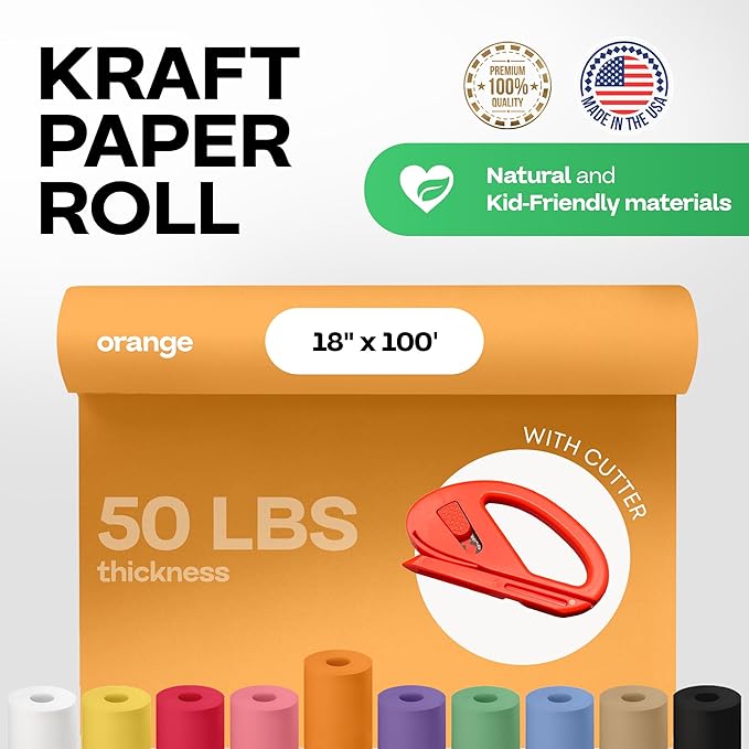 Orange Kraft Paper Roll 18" x 1200" (100 feet) with Cutter - USA-Made Gift Wrapping Paper for Packing, Moving, Shipping & Crafts/Arts - 100% Recyclable Natural Craft Material by IDL Packaging