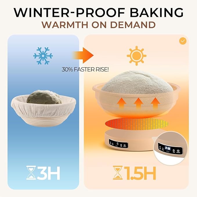 Electric Sourdough Starter Kit with 6-Temp (77-122℉) Control & Timer - 9" Foldable Sourdough Bread Baking Supplies & Dough Warmer - Complete Banneton Bread Proofing Basket Set for Artisan Home Bakers