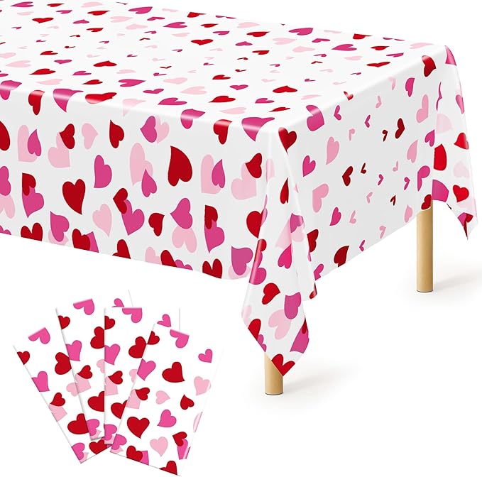 4 Pack Valentines Decorations, 108" X 54" Valentines Tablecloths, Heart-shaped Disposable Red Pink Tablecloths Love Plastic Table Cover, Galentines Decorations Party Supplies for Wedding Birthday