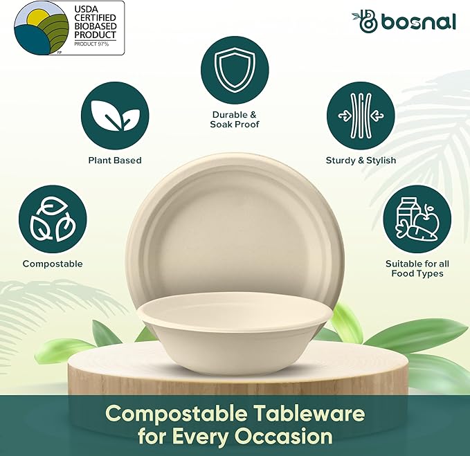 BOSNAL 10 Inch Round Plates with 32 oz Bowls – 25 Plates, 25 Bowls,100% Plant-Based Sugarcane Bagasse, Eco-Friendly Disposable Dinnerware for Hot & Cold Meals, Microwave Safe