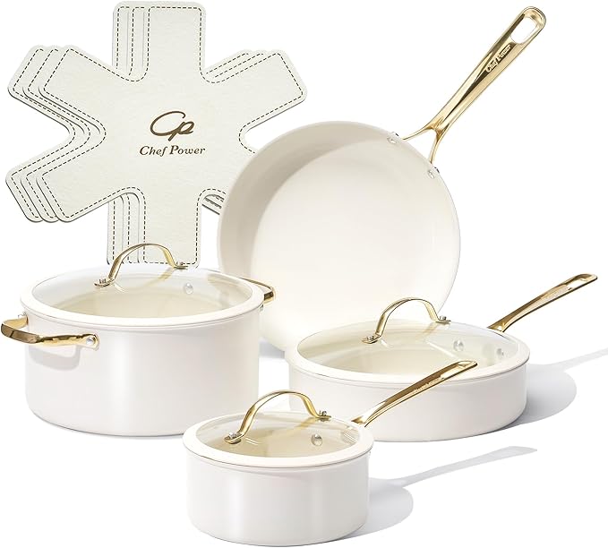 Chef Power Ceramic Cookware Sets, 10Pcs Pots and Pans Set Non Stick, Cookware Set with Stainless Steel Handle, Dishwasher & Oven Safe, Cream White and Light Gold Handle