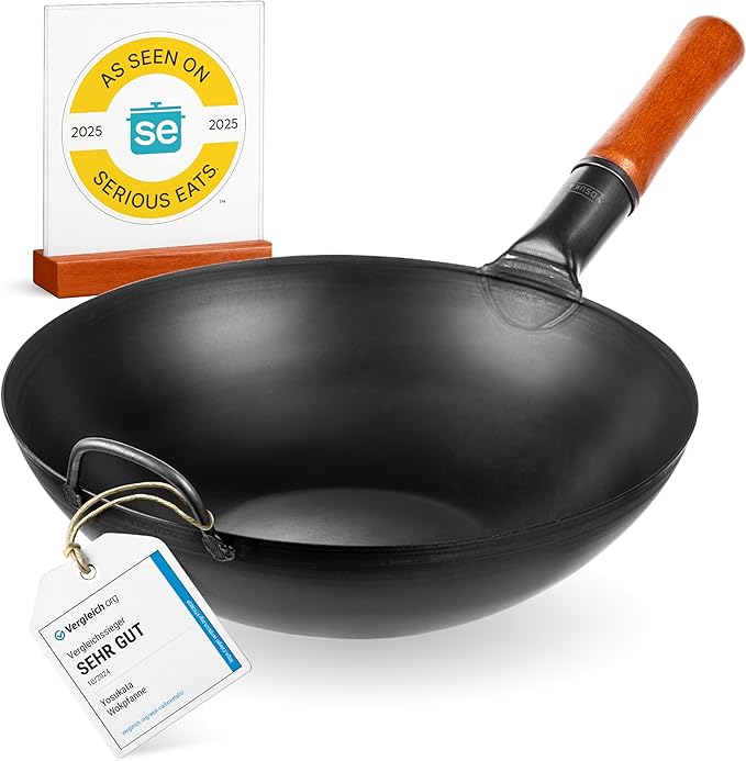 YOSUKATA Carbon Steel Wok Pan 13,5 “ + Lid 12.8 In for 13.5-In Wok + 17’’ Spatula and Ladle