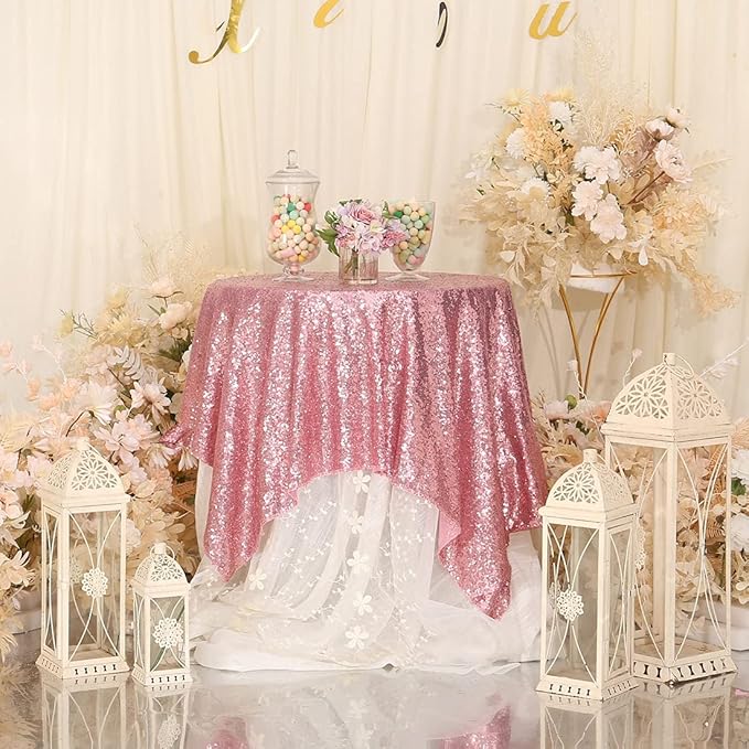 Eternal Beauty Fuchsia Pink Tablecloth, 50x50 Inch Sequin Square Table Cover for Valentines Cake Dessert Exhibition Party Birthday Events