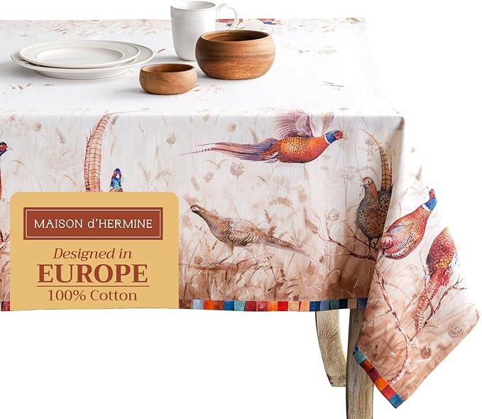 Maison d' Hermine Table Cloth Square Table 100% Cotton 54 x 54 Inches Fall Tablecloth Reusable Everyday Use for Thanksgiving Christmas Decorations Dining Farmhouse Party (Faisan D'Automne)