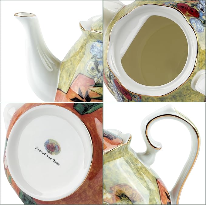 Teapot 30 oz Vangogh Paintings Bone China Loose Tea Pot Floral Design Vintage Ceramic Coffee Water Pot European Style Porcelain (Flower Vase)