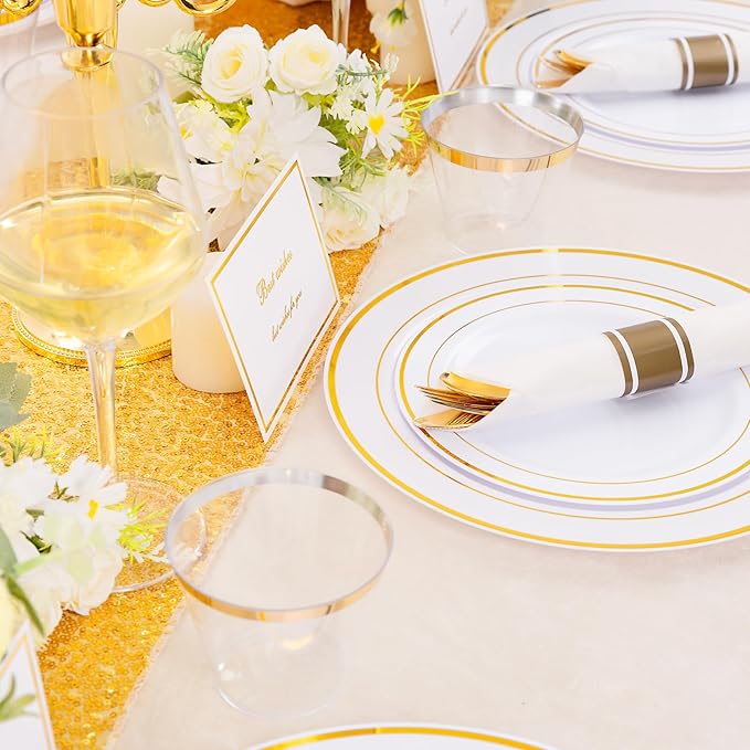 DaYammi 350PCS Gold Plastic Dinnerware Set for 50 Guests, Fancy Disposable Plates for Party, Include: 50 Dinner Plates, 50 Dessert Plates, 50 Pre Rolled Napkins with Gold Silverware, 50 Cups
