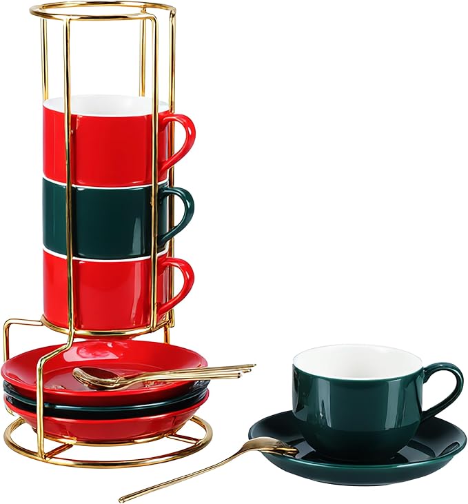 3 Ounce Espresso Cups Set of 4, Stackable Demitasse Mugs, Includes Display Stand, Cups Saucers & Spoons, for Machines & Home Use, Red Green Gold Tone