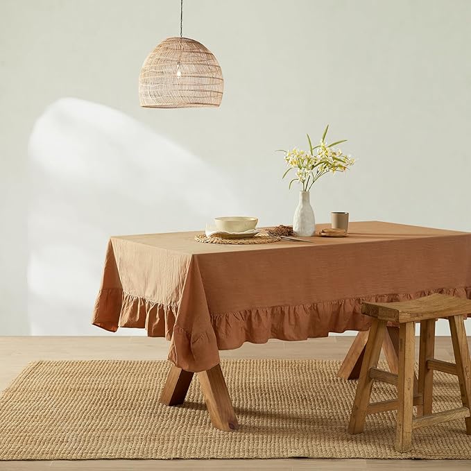 MONDAY MOOSE Ruffle Farmhouse Rustic Rectangle Natural Stonewashed Cotton Tablecloth for Kitchen, Dining Room, Restaurant (60x120 inch, Cinnamon)