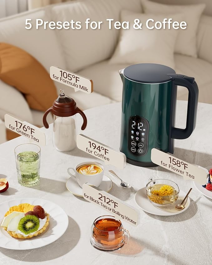 Electric Kettle with Temperature Control, 1.7L Stainless Steel Hot Water Kettle, 5 Presets for Tea & Coffee, 2H Keep Warm, Fast Boil, Auto Shut-Off & Boil-Dry Protection, Cordless Tea Kettle, Green
