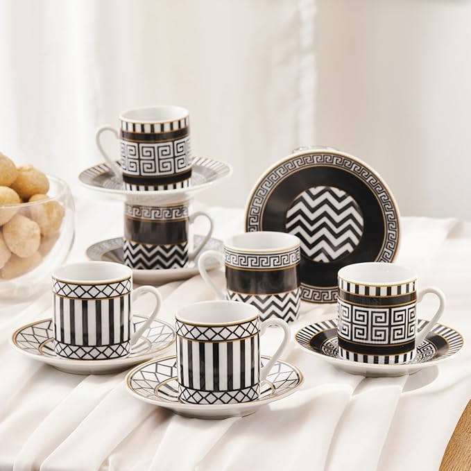KARACA Helenistik Porcelain Turkish Coffee Cups Set for 6 People - 12 Piece Espresso Cup with Saucers - Drinking Serving Gift Set for Women - Ideal for Serving Turkish Coffee (Black and White, 80 ml)